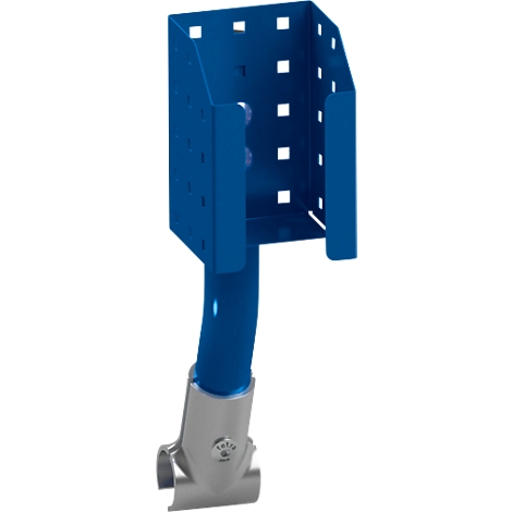 Blaues Metallteil, Halterung mit zylindrischem Ansatz.