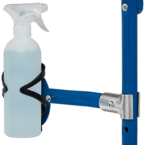 Halterung für eine Sprühflasche mit blauem Gestell, in dem eine weiße Flasche steht.