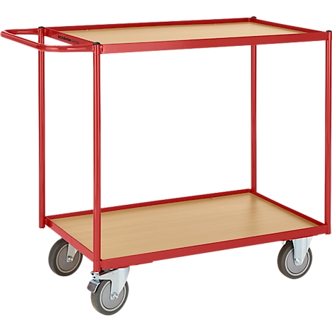 Ein roter Servierwagen mit zwei Ablageflächen und vier Rollen. Der Griff ist oben links.