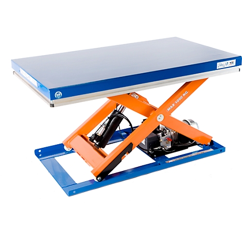 Lifting table in blue, orange and silver. Labelled: Max 1000 kg.