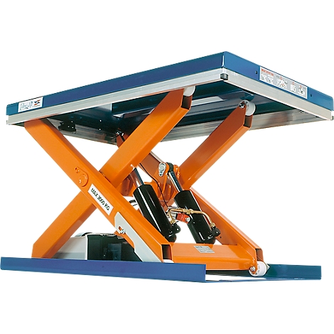 Orange and blue scissor lift, details of the scissor mechanism visible.