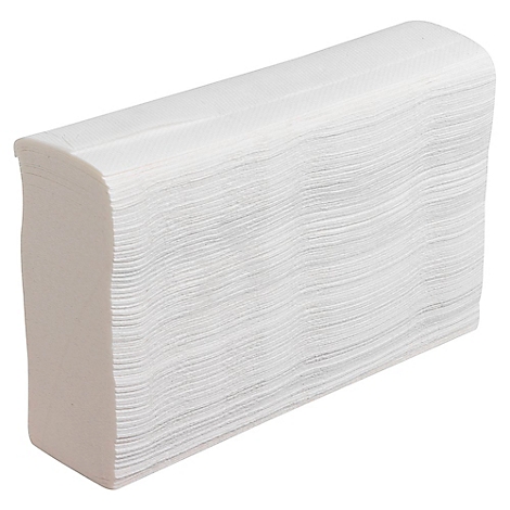 Una pila de toallas de papel blancas y dobladas. Los bordes son redondeados.