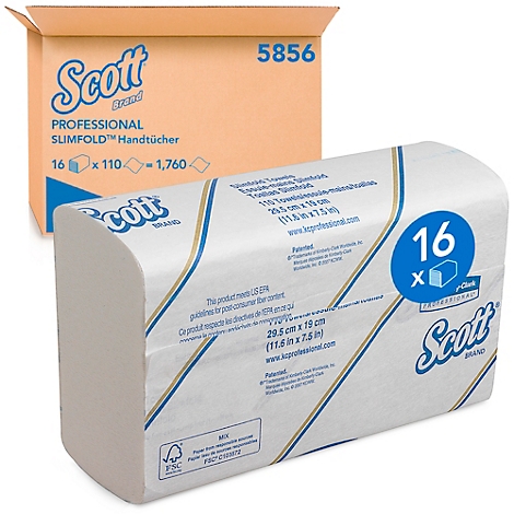 Un paquete de toallas Slimfold y una caja de las mismas. Impresiones: Scott, Professional, SLIMFOLD Handtücher, 16 x 110 = 1760.