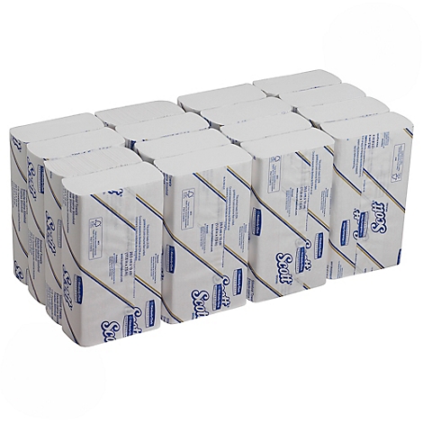 Múltiples paquetes de toallas de papel, blanco con logotipo azul y rayas diagonales. Dice 'Scott'.