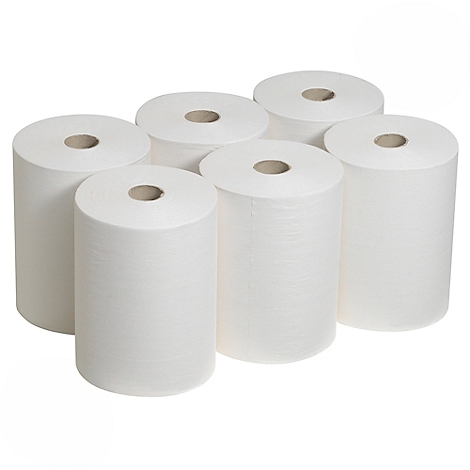 Siete rollos de papel blanco sobre un fondo blanco. Cada rollo tiene un agujero en el centro.