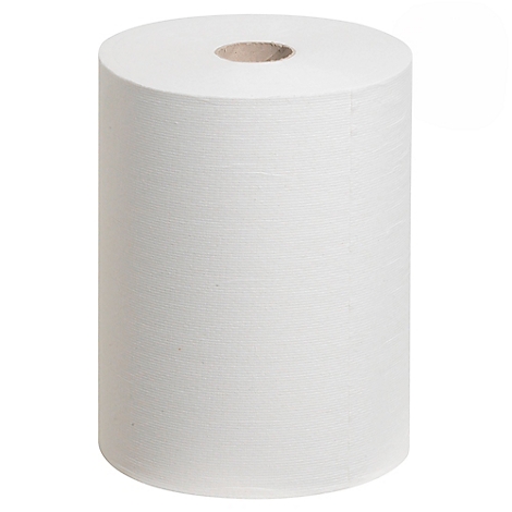 Rollo cilíndrico de papel de cocina, blanco, con un agujero marrón en el centro.