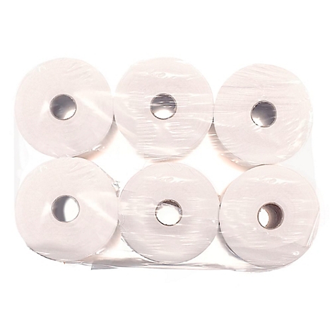 Seis rollos de papel higiénico envueltos en plástico. Cada rollo tiene un agujero en el centro.