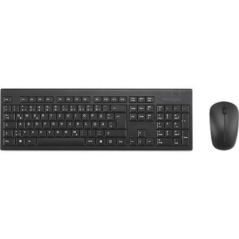 Zwarte draadloze toetsenbord- en muisset; toetsenbord met QWERTY-indeling, muis met drie knoppen.