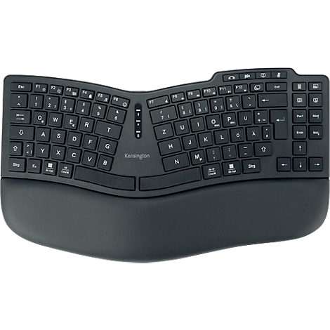Ergonomisch toetsenbord, zwart, met gewatteerde polssteun. Toetsen in een gebogen lay-out, met Kensington-logo.