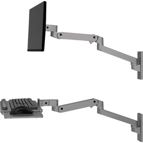 Grijze wandbevestiging voor monitor en toetsenbord. De monitor en het toetsenbord zijn bevestigd aan flexibele armen.