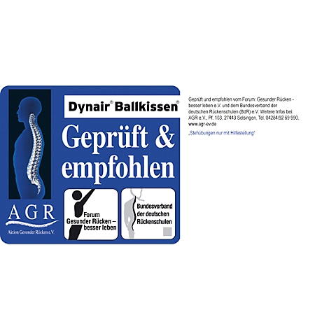 Blue and white logo with the words Dynair Ballkissen, Geprüft & empfohlen and logos of organizations for back health.