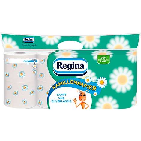 Regina chamomile paper package, printed daisies, text: soft and reliable.