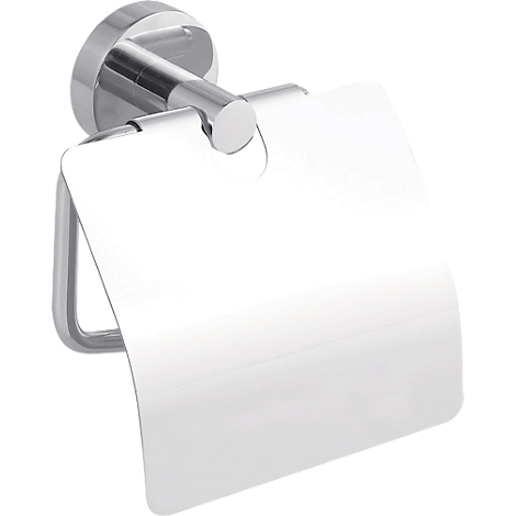 Chrome toilet paper holder with smooth, rounded cover. On a white background.