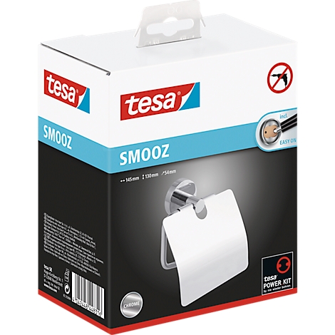 Product packaging of Tesa Smooz, chrome toilet paper holder with white cover.