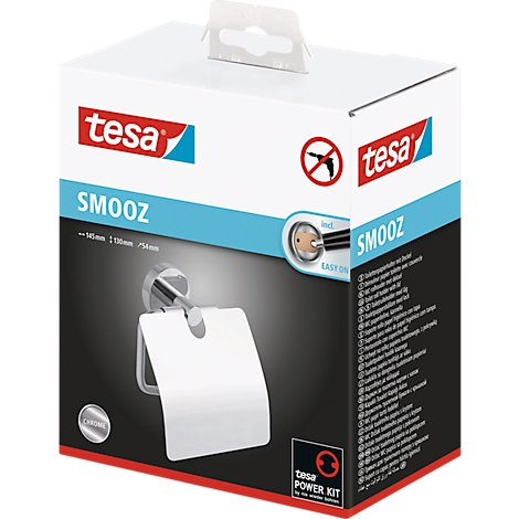 Tesa Smooz product packaging, with a silver toilet paper holder.