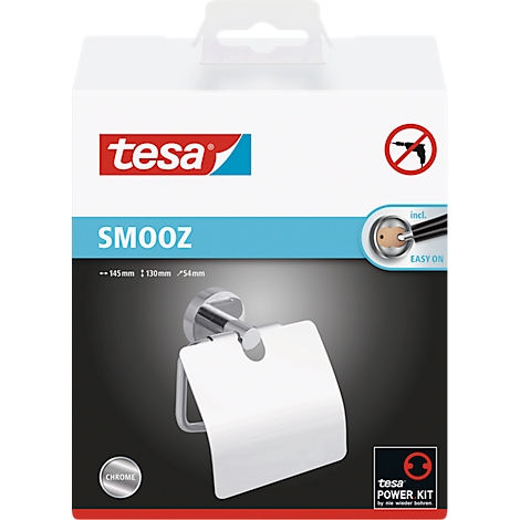 Packaging of a chrome toilet paper holder from the brand "Tesa", with product name "SMOOZ".