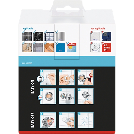 Packaging with product images and instructions for assembly and disassembly. Applicable on different surfaces, unsuitable for others.
