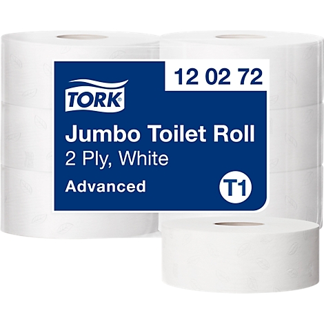 Verschillende witte jumbo toiletpapierrollen; Op de blauwe rechthoekige verpakking staat 'TORK', 'Jumbo Toiletrol, 2 laags, Wit, Advanced'.