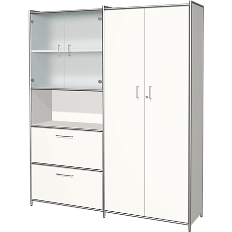 White office furniture with shelves, cabinet doors, and drawers. Metal frame.