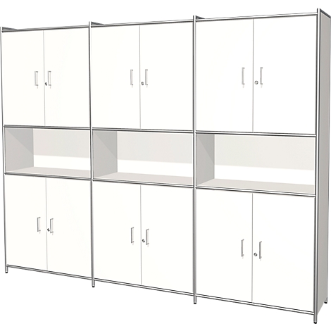 Three-part white cabinet with doors and open shelves. Cabinet has silver frames and handles.
