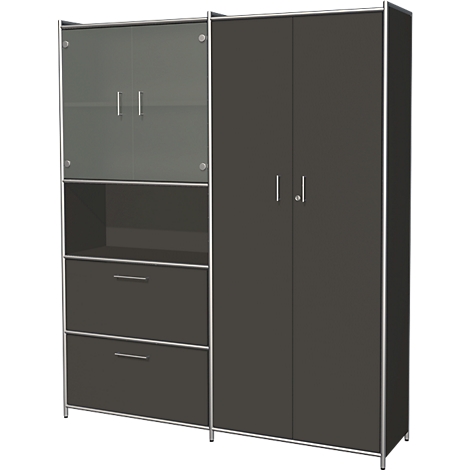 A gray office cabinet with sliding doors, drawers, and shelves. The left door is glass, the right one is opaque.