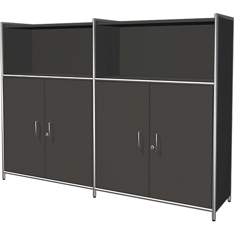 Dark gray cabinet with two open compartments and four lockable doors. Silver frames and handles.
