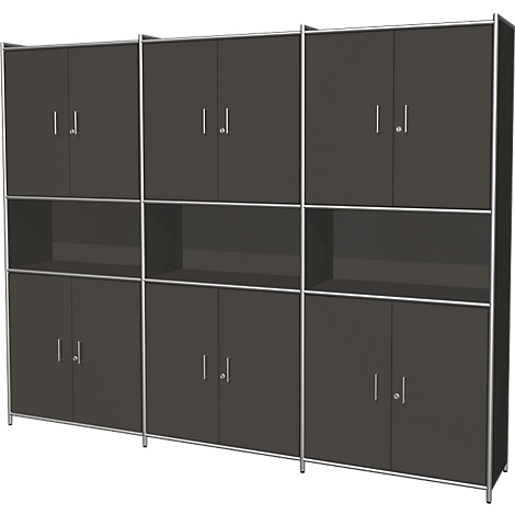Dark gray cabinet with doors and open compartments, silver frames and handles.