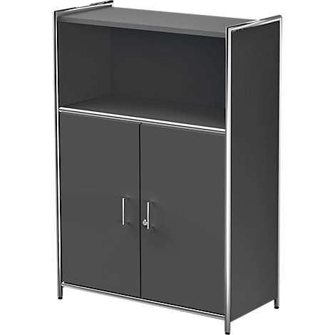 Dark gray cabinet with silver metal accents. Open top shelf, doors below. Clean lines, minimalist design.
