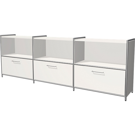 Three-part white dresser with drawers and open shelves, silver frames. Modern design.