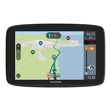 Ein TomTom-Navigationsgerät zeigt eine Karte mit Routenführung. Die aktuelle Geschwindigkeit beträgt 75 km/h. Die Ankunftszeit wird mit 14:15 Uhr angegeben.
