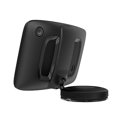 Schwarzes Navigationsgerät, Power-Button oben links. Unterhalb Saugnapf. Gitter an den Seiten.