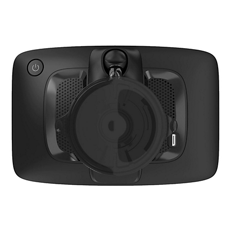 Draufsicht auf ein schwarzes GPS-Navigationsgerät mit Saugnapf. Rechts USB-Anschluss, links Ein-Aus-Taste.