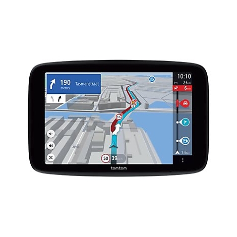 Ein TomTom-Navigationsgerät zeigt eine Karte der Tasmasnstraat an. Blaue und rote Routenlinien sind auf dem Bildschirm zu sehen.