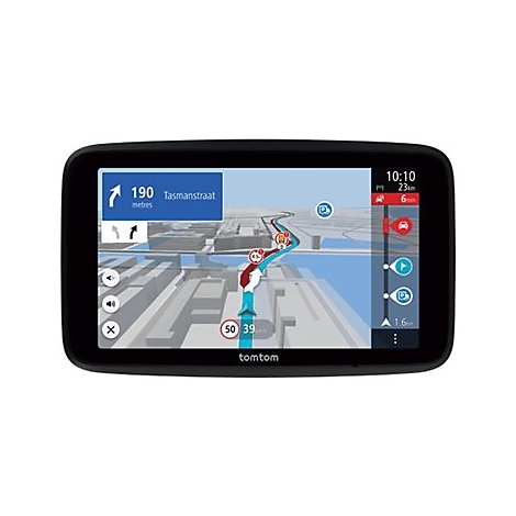 Schwarzes TomTom-Navigationsgerät mit Wegbeschreibung. Kartenansicht mit eingezeichneter Route. Oben rechts Uhrzeit und weitere Informationen.