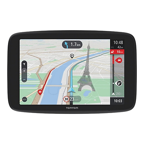 Ein TomTom-Navigationsgerät mit einer Karte von Paris und dem Eiffelturm, Wegbeschreibung mit Zeitangaben.