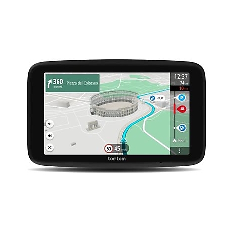 Ein TomTom-Navigationsgerät mit einer Karte von Rom, einschließlich des Kolosseums. Die Uhrzeit zeigt 12:37 Uhr.