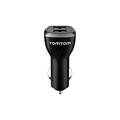 Schwarzes TomTom-USB-Ladegerät für das Auto. Oben zwei USB-Anschlüsse, darunter das TomTom-Logo. Ein grünes Licht zeigt den Betrieb an.