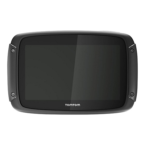Schwarzes TomTom-Navigationsgerät vor weißem Hintergrund. Das Display ist ausgeschaltet. Am unteren Rand steht der Markenname.