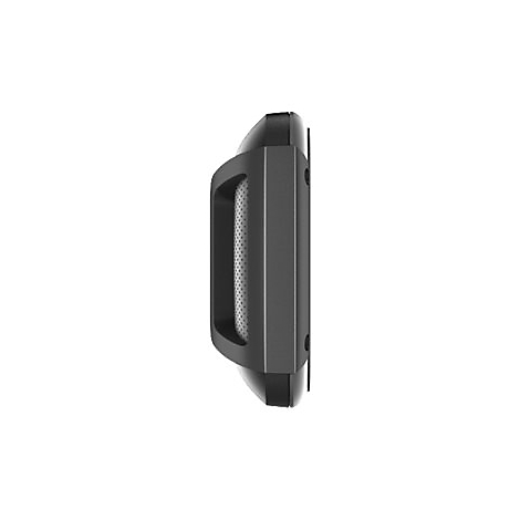 Schwarzes Gerät mit Bügel, Seitenansicht. Ein rechteckiger Teil mit einem Griff und einem Netzmuster in der Mitte.