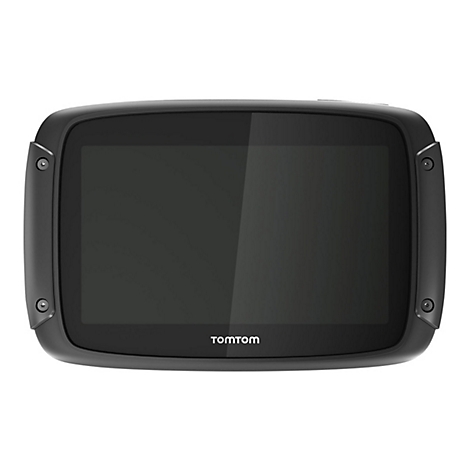 Schwarzes TomTom Navigationsgerät mit großem Bildschirm, schwarzem Rahmen und TomTom Logo.