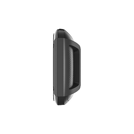 Schwarzes Gerät, Seitenansicht. Vertikal angeordnet, mit einem Griff und gelochter Oberfläche.