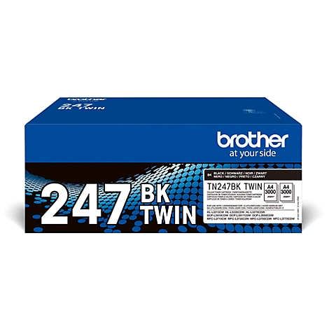Boîte de cartouches de toner Brother bleue avec l'inscription '247 BK TWIN'. Impression noire, nom du produit et logos.