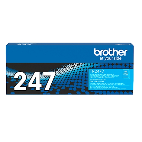 Boîte de toner Brother bleue avec lettrage blanc : 247, TN247C. En haut à droite, l'inscription Brother.
