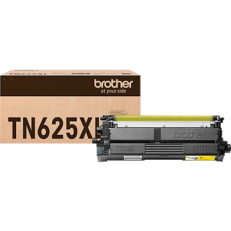 Cartouche de toner noire Brother TN625XL devant son emballage beige.