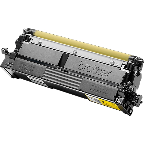 Cartouche de toner noire Brother avec une étiquette jaune et un rouleau allongé sur le dessus, sur fond blanc.