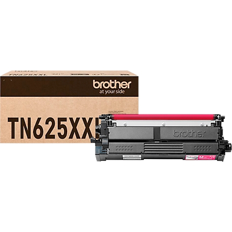 Cartouche de toner magenta Brother TN625XXL avec son emballage en carton marron, sur fond blanc.