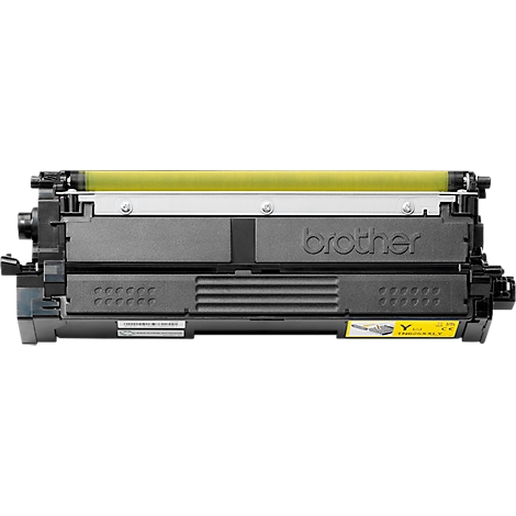 Cartouche de toner jaune Brother sur fond blanc.