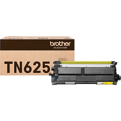 Cartouche de toner Brother TN625 devant son emballage marron.