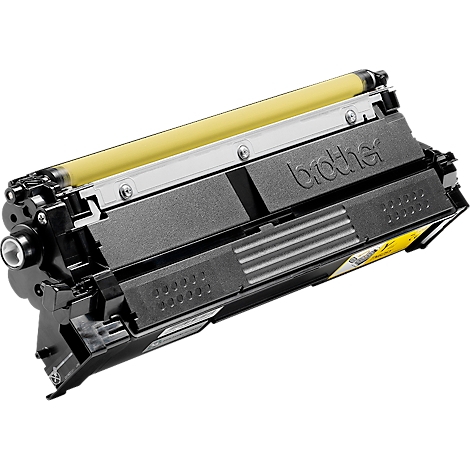Cartouche de toner noire Brother avec rouleau développeur jaune sur fond blanc.