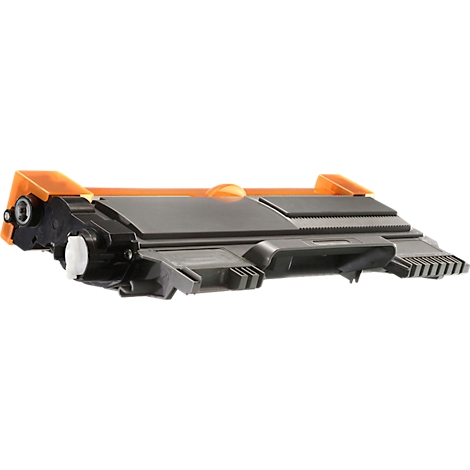 Schwarze Lasertoner-Kartusche mit orangefarbenen Schutzelementen vor weißem Hintergrund.